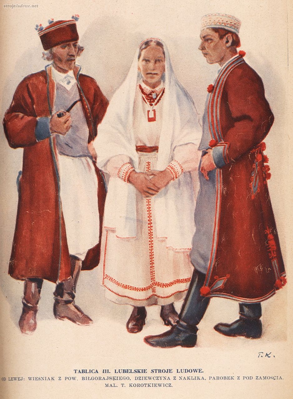 Mężczyzna w sukmanie tzw. fijorówce (po stronie prawej), Geograficzne zróżnicowanie odzieży ludowej w Polsce, K. Moszyński, Kalendarz Ilustrowanego Kuryera Codziennego, 1935 r.