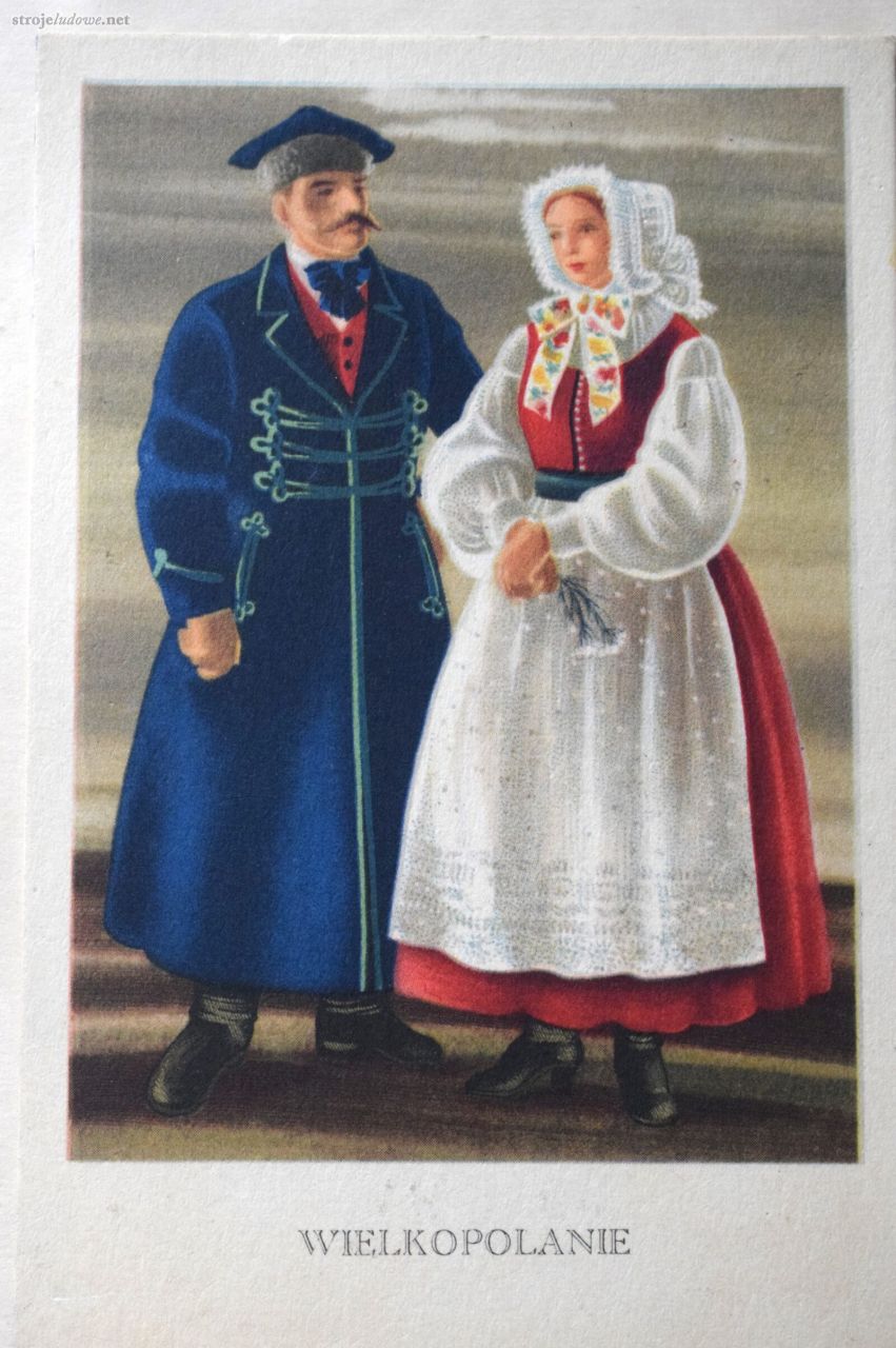 Pocztówka barwna „Wielkopolanie. Polskie Stroje Ludowe”, wg. planszy dr&nbsp;Romana Reinfussa w&nbsp;Krakowie malowała Maria Orłowska, Wyd. Spółdzielczy Instytut Wydawniczy „Kraj”, 1951, ze&nbsp;zbiorów prywatnych.