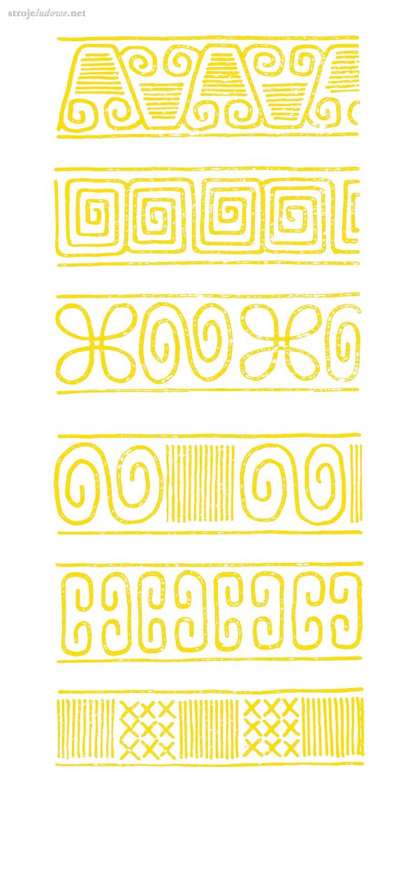 Sześć podstawowych motywów haftów w stroju wilamowskim. Wykorzystywane są one na związkach i koszulach [jypła]. Ryc. Justyna Majerska-Sznajder (Biöetuł)