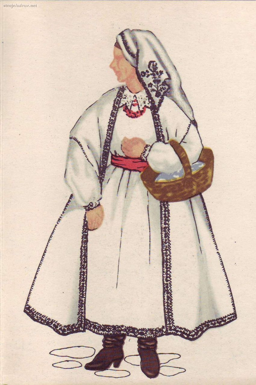 Strój kobiecy z Grębowa, pow. Tarnobrzeg. Rysunek pochodzi z publikacji <em>Lasowiacy</em>, <em>Stroje ludowe Rzeszowszczyzny</em>, Muzeum Etnograficzne w Rzeszowie, 1965 r., projekt K Suss