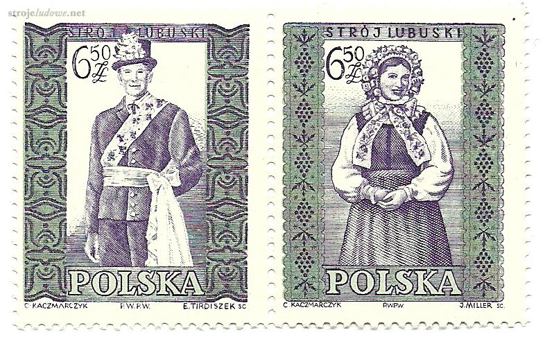 Strój lubuski na znaczkach pocztowych, autor projektu: C. Kaczmarczyk, autor rytu: B.Tirdiszek, 1960 r. (seria: 10 najbardziej popularnych strojów ludowych)