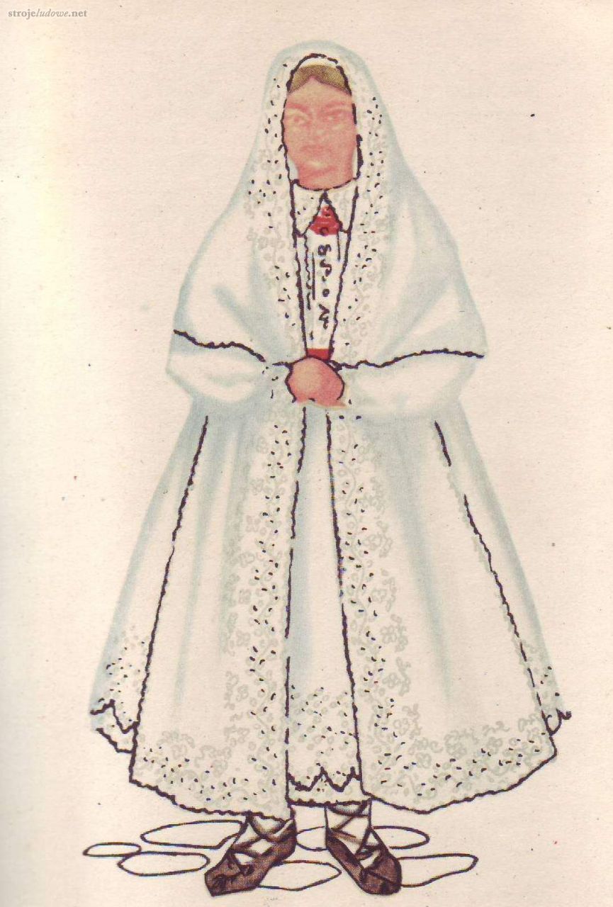 Strój kobiecy z powiatu leżajskiego. Rysunek pochodzi z publikacji <em>Lasowiacy</em>, <em>Stroje ludowe Rzeszowszczyzny</em>, Muzeum Etnograficzne w Rzeszowie, 1965 r., projekt K Suss