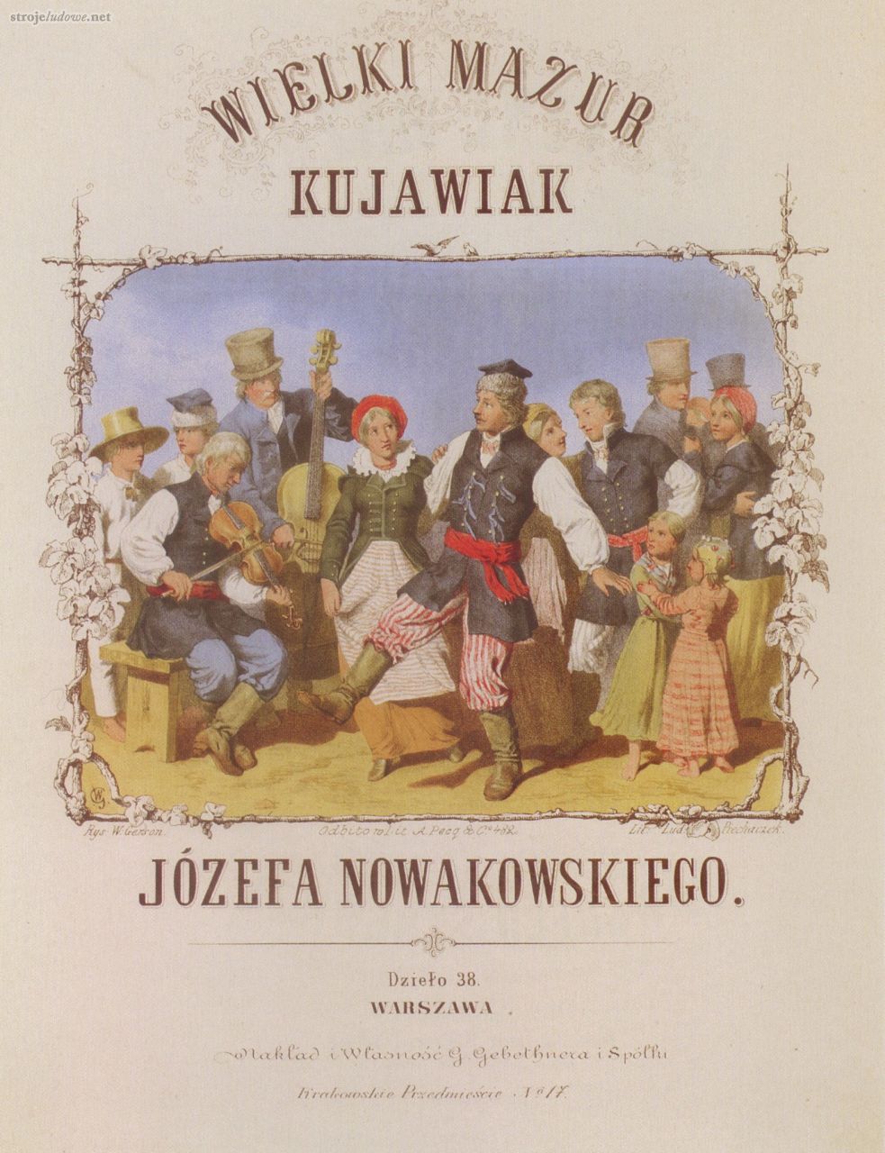 <em>Wielki mazur. Kujawiak, Józefa Nowakowskiego</em> (okładka nut)

Ludwik Piechaczek, Wojciech Gerson, 1856-59, chromolitografia

Kujawiak, co potwierdzają źródła, nigdy nie chodził boso i nawet do pracy w polu przywdziewał obuwie. W pierwszej połowie XIX w. używano butów z wykładanymi cholewami tzw. <em>wywrotek</em>, które zaraz po wykonaniu przez szewca miały identyczny kształt (bez zróżnicowania kroju podeszwy), dopiero po dłuższym noszeniu przyjmowały formę buta prawego i lewego. Na przełomie XIX i XX w., w powszechnym użyciu było obuwie pod kolana, z wysoką cholewą (każdy but szyty z dwóch płatów skóry). Później ich miejsce zajęły buty z czterorzędową harmonijką w okolicach kostki, na obcasie podbitym metalową podkówką . Buty te zwano <em>iskrzaki</em>, ponieważ (głównie w czasie tańca) krzesały iskry. Nogę, przed założeniem obuwia, owijano onucką, zimą zaś but dodatkowo wyściełano wiechciem słomy. Skarpety zaczęto nosić dopiero w XX w.