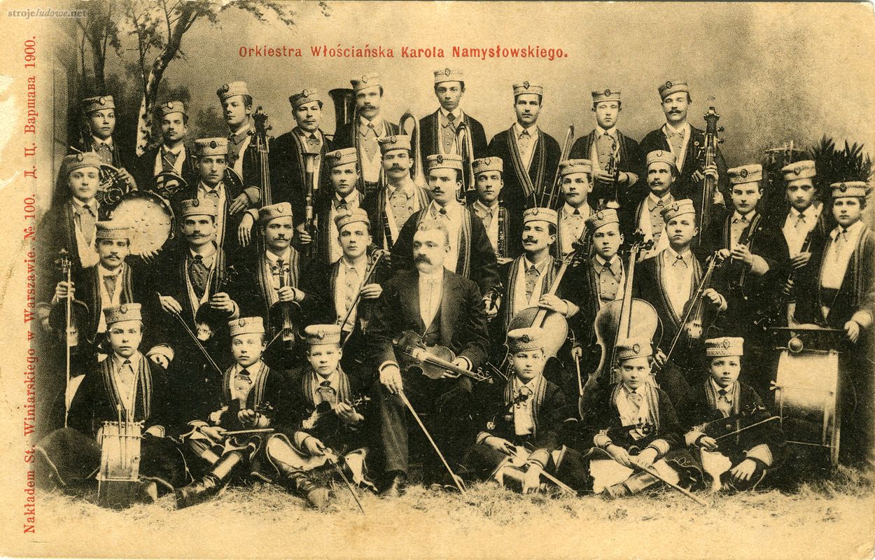 Orkiestra Włościańska Karola Namysłowskiego, pocztówka, Nakładem, St. Winiarskiego w Warszawie, 1900, ze zbiorów Muzeum Zamojskiego