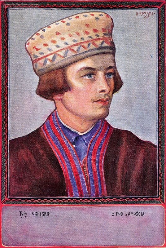 Typy lubelskie, Z pod Zamościa, pocztówka, mal. K. Rayski, własność prywatna
