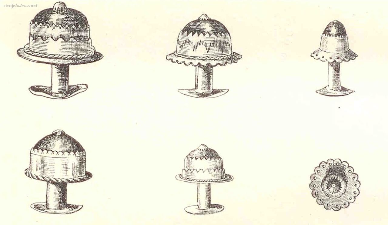 Spinki męskie, Udziela S., <em>Ludowe stroje krakowskie i ich krój,</em> Kraków, 1930
Do stroju krakowskiego mężczyźni nosili spinki i pierścienie. Używana przez nich spinka, oglądana z profilu, przypominała zamknięty od góry kielich z dużym koralem osadzonym w jednej, lub dwóch ząbkowanych opaskach. Tworzyły ją dwie okrągłe tarczki połączone tulejką. Spinano nią koszulę pod szyją, przekładając dolną tarczkę przez dwie nakładające się na siebie dziurki, w ten sam sposób jak czyni się to używając spinek do mankietów.