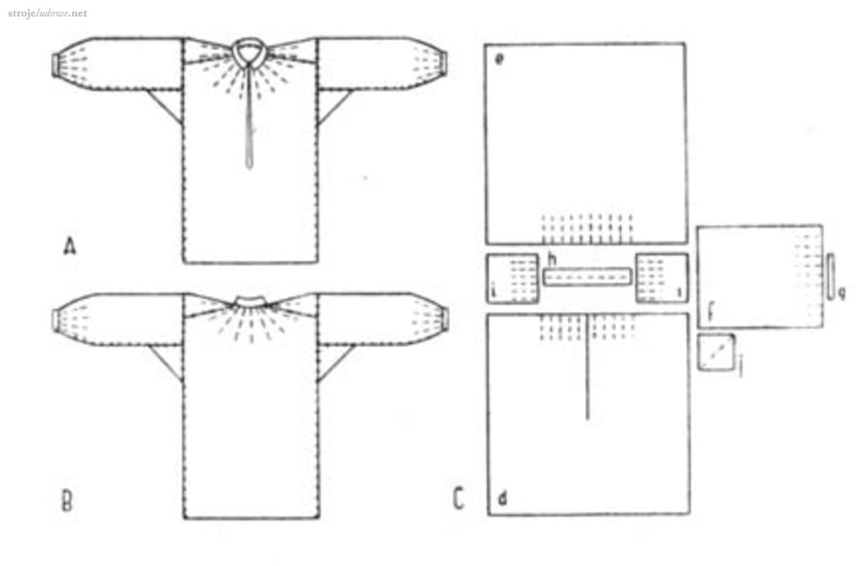 Koszula o kroju przyramkowym
A - z przodu, B - z tyłu, C - części kroju:
d - płat przedni, e - płat tylni, f - rękaw, g - mankiet, h - kołnierz, i - przyramki, j - wtok (podpasze) , rys. St. Z. Mirosławska, 1956 r. Ze spuścizny po Barbarze Kaznowskiej, własność prywatna

Mężczyźni nosili koszule o kroju przyramkowym, z prostym wykładanym kołnierzykiem, rozcięciem na przodach, rękawami wszytymi w mankiet lub oszewkę. Długa sięgająca prawie do kolan, była wypuszczana na spodnie i przepasywana konopnym sznurem albo rzemieniem lub skórzanym pasem. Koszule szyto z lnianych samodziałów. W okresie międzywojennym zaczęto wyszywać ich mankiety i kołnierzyki haftem krzyżykowym, najczęściej czarno-czerwonym lub czarną stebnówką. W latach wcześniejszych, jedyną ich ozdobę stanowiły rzędy stebnówki wykonanej lnianą nitką w kolorze naturalnym. Przody koszuli związywano czerwoną tasiemką lub zapinano przekładaną przez dwie dziurki spinką ze szklanym oczkiem.
|