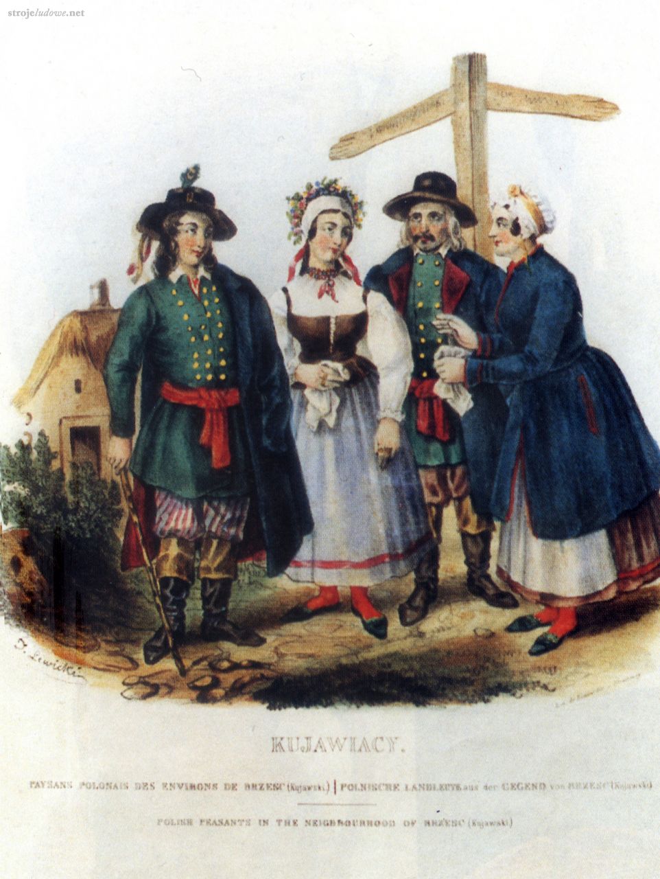 Ubiory z okolic Brześcia Kujawskiego, Jan Nepomucen Lewicki, ok. 1838 r., „Les costumes du peuple polonais…”, wydawca Leon Zienkiewicz, Paris 1838 – 1841

Dziewczęta, szczególnie latem, chodziły najczęściej z odsłoniętą głową. Przystrajały włosy kwiatami lub nosiły <em>szlarkę</em> (rodzaj opaski-diademu ze wstążki, batystu lub tiulu, ułożonego w przestrzenne zakładki, w które zatykano świeże lub sztuczne kwiaty na łodyżkach). W drugiej połowie XIX w. nosiły tzw. <em>turbon </em>czyli chustkę, związaną w rodzaj niezamkniętego turbanu (wierzchołek głowy był widoczny). Przeznaczaną na niego chustkę składano po przekątnej i zwijano w rulon. W celu powiększenia obwodu <em>turbona</em> i ochrony chustki, podkładano pod nią zwój płótna. Najchętniej używano chustek jedwabnych w kolorze pąsowym. Natomiast w dni chłodne i słotne panny nosiły chustki perkalowe lub wełniane,  złożone w trójkąt, wiązane pod brodą lub na karku.