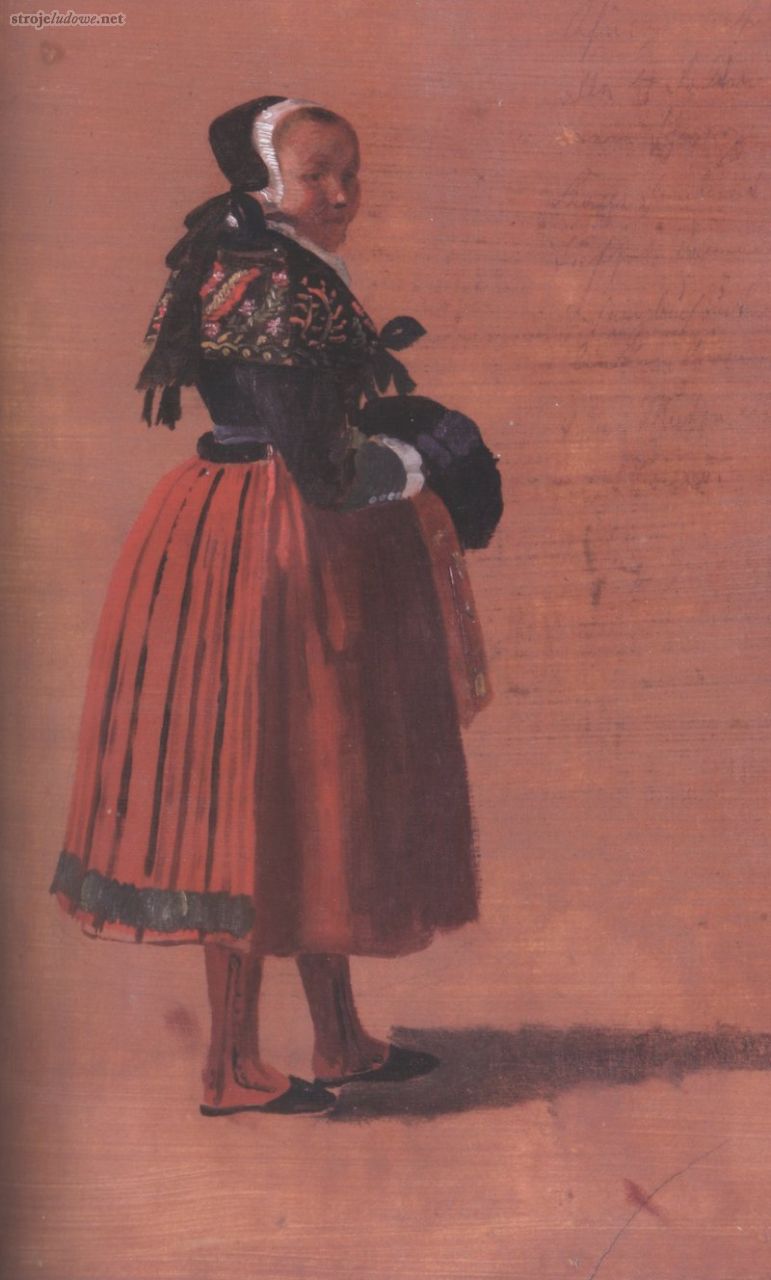 Młoda chłopka w stroju pyrzyckim, August Ludwig Most, 1836, olej na tekturze, ze zbiorów Muzeum Narodowego w Szczecinie

Nakrycie głowy, noszone zarówno przez dziewczynki, panny jak i kobiety zamężne składało się z płóciennej przepaski i czepka. Płócienna przepaska, czyli kwadratowy kawałek płótna, złożony po przekątnej okalał głowę (był widoczny nad czołem), z tyłu jego końce przywiązywano do warkocza. Na przepaskę zakładano czepek (używano ich kilka rodzajów), który osłaniał raczej tył głowy (część włosów była widoczna). Niekiedy na płócienną przepaskę kobiety zakładały zamiast czepka słomiany kapelusz - budkę.