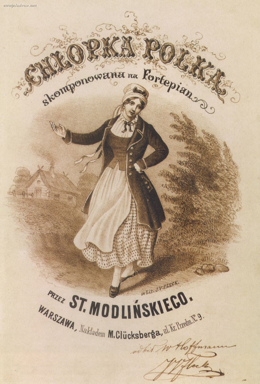 <em>Chłopka Polka</em>. <em>St. Modlińskiego</em> (karta tytułowa nut). Juliusz Volkmar Fleck, Michał Glucksberg, 1857-73, litografia

<em>Kabaty</em> były wcięte w pasie, niekiedy o długości do połowy łydki, z tyłu fałdowane, miały długie rękawy, a przy szyi kołnierzyk – stójkę.