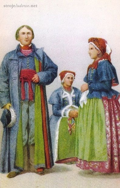 Od Brześcia, Drużba, odbite z litografii  Dzwonkowskiego i spółki, Oskar Kolberg, Dzieła Wszystkie, t. 3, część I, Kujawy, Warszawa 1867

Kaftan zapinano na haftki, a naszyte na przodach dwa rzędy guzików pełniły wyłącznie funkcję ozdobną. Brzegi i zapięcie kaftana, krawędzie pelerynki, mankietów rękawów  odszywano czarnym lub czerwonym sznureczkiem albo srebrną, niekiedy złotą pasmanterią.