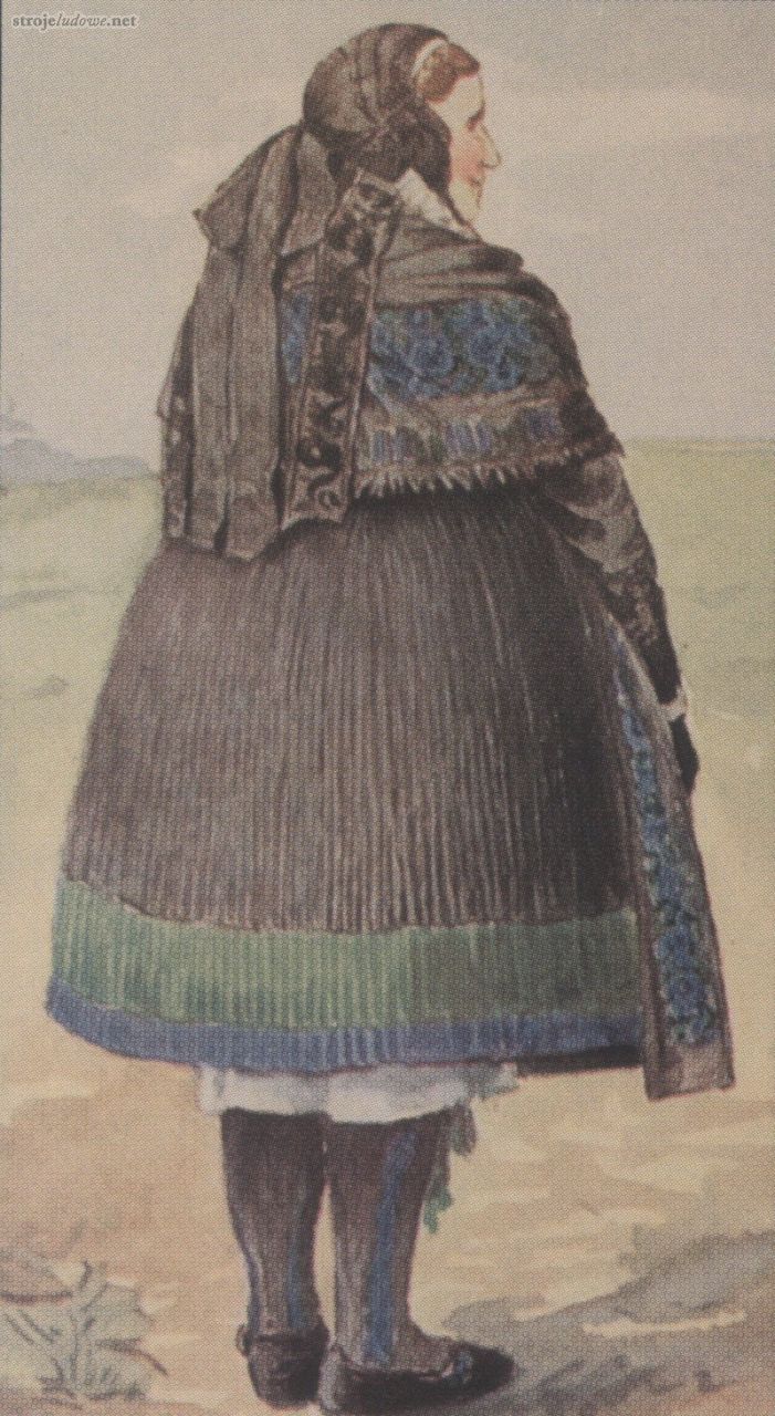 Kobieta w stroju żałobnym, Robert Holsten, <em>Die Volkskunde des Weizackers </em>[w:] <em>Aus dem Pyritzer</em> <em>Weizacker, </em>Szczecin, 1914, ze zbioró LISTNUM w Pyrzyckiej Biblioteki Publicznej

Spódnicę zakładano przez głowę i przypinano haftkami do wałka przy gorsecie spodnim, a po zdjęciu zwijano w rulon. Te przeznaczane dla młodszych kobiet szyto z tkaniny czerwonej, noszone przez starsze z czarnej w wąskie niebieskie paseczki. Spódnice zdobiły, naszyte powyżej ich dolnej krawędzi wstążki, przy czerwonych były one najczęściej zielone, przy czarnych niebieskie, chociaż zdarzało się, że wstążki w obu tych barwach znajdowały się na jednej spódnicy, niezależnie od jej koloru.