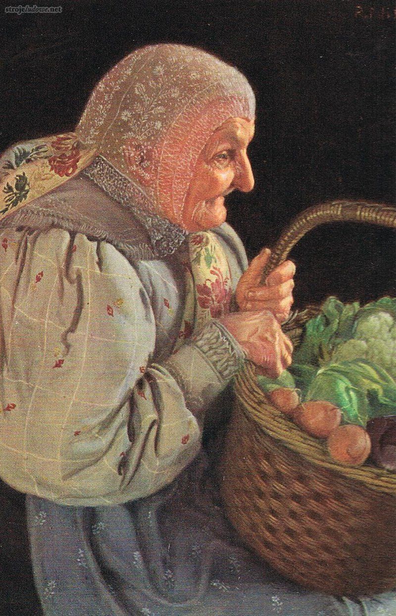Staruszka z koszem warzyw, ze zbiorów Muzeum Etnograficznego Odział Muzeum Narodowego we Wrocławiu

Czepki dwuczęściowe wykonywano również z cienkiego, białego płótna, batystu i tiulu, zdobionego drobnym białym haftem.