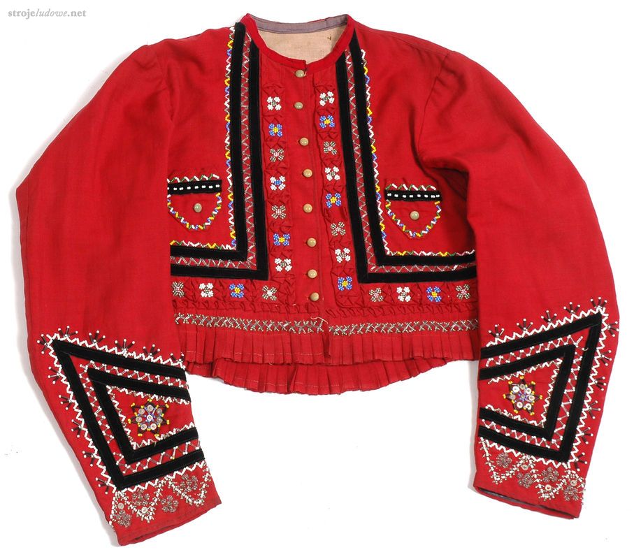 Kaftan zdobiony zaszyciami – <em>wodami</em> i koralikami, Opoczyńskie, okres międzywojenny. Ze zbiorów Muzeum Archeologicznego i Etnograficznego w Łodzi, fot. Wł. Pohorecki

Szyto również kaftany z tkanin fabrycznych, zdobione zaszyciami (tzw. <em>wodami</em>), naszyciami lub haftem koralikowym.