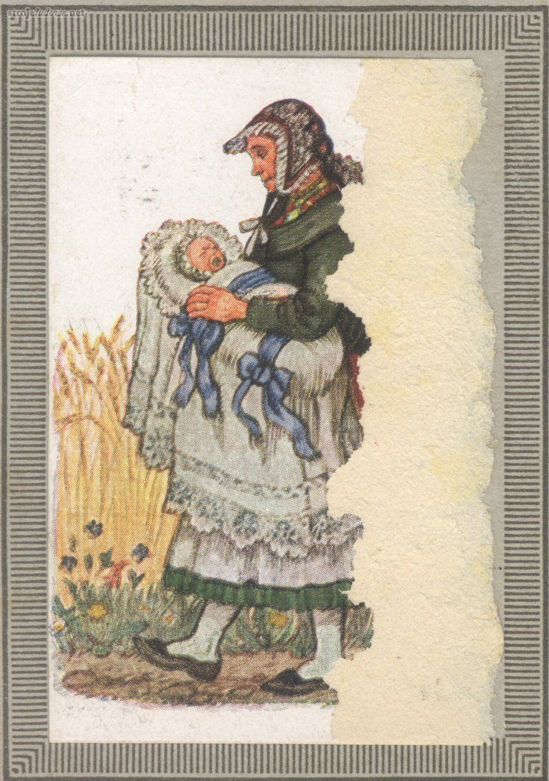 Kobieta z dzieckiem w kaftanie i kolorowej chustce na szyi<em>, Deutche Volkstrachten</em>, Haus Neuerbuch, 1932 r., własność prywatna

Kaftan<em> </em>(<em>tołubek</em>, <em>katanka, spencer</em>), wzorowany na kaftanach doby Renesansu, noszony był na Dolnym Śląsku już od XVI w. Był on krótki, sięgający do linii talii, dopasowany do figury, watowany szczególnie grubo w górnej części rękawów, z flanelową podszewką.