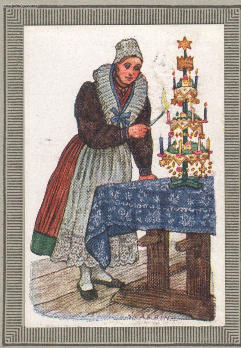 Kobieta w czerwonej spódnicy i czepku z <em>brodą,</em> <em>Deutche Volkstrachten</em>, Haus Neuerbuch, 1932 r., własność prywatna

Spódnice noszono szerokie (od 200 do 350 cm) i długie, sięgające co najmniej do połowy łydek, a świąteczne prawie do kostek. Szyto je z tkanin kwiecistych, pasiastych, kraciastych i gładkich w różnych kolorach. W ostatniej fazie noszenia ubioru były to już zawsze materiały fabryczne, zarówno wełniane, jedwabne (adamaszek, atłas) jak i bawełniane. Na spódnice starszego typu przeznaczano materiały czerwone, a ich dolną krawędź odszywano pasem zielonej tkaniny.