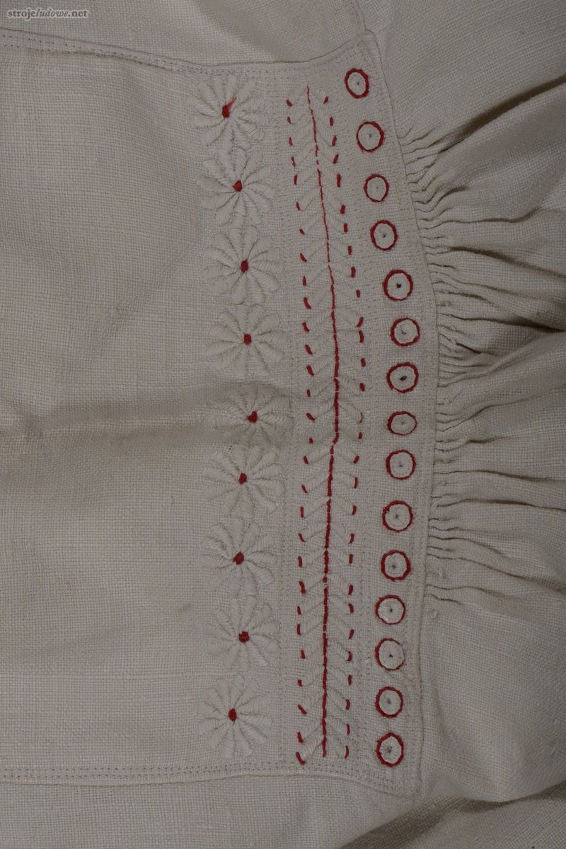 Kryzka do koszuli, ze zbiorów Muzeum Mazowieckiego w Płocku, fot. E. Piskorz-Branekova

Na koszulę zakładano pełniącą rolę kołnierzyka kryzkę. Szyto ją z wąskiego (około 4 cm) i długiego (około 150 cm) pasa bawełnianego płótna fabrycznego.