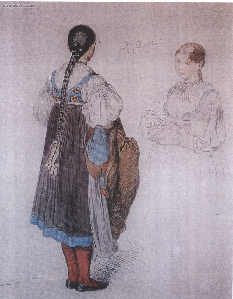 Dziewczyna w stroju cieszyńskim, J. Manes, 1854, pocztówka, własność prywatna

Jeszcze pod koniec XIX w. kobiety nosiły czerwone pończochy, ułożone w poziome fałdy. Robiono je z dobrej gatunkowo jaskrawoczerwonej wełny. Po wykonaniu miały długość około 130 cm. W gęste pierścieniowate fałdy układano je bezpośrednio na nogach lub na specjalnych formach. Odpowiednio wysuszone, tworzyły po tym zabiegu rodzaj sięgających zaledwie do kolan getrów ze stopami. Zakładano je i zdejmowano tak, jak buty z cholewami. Później przyszła moda na zwykłe, normalnie opinające łydkę, pończochy z białej wełnianej przędzy. Do obu typów pończoch (czerwonych i białych) noszono skórzane, czarne pantofle zapinane na pasek.