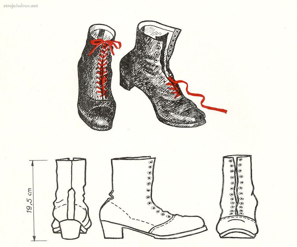 Buty kobiece, Łęczyckie, okres międzywojenny Archiwum Etnograficzne Muzeum Archeologicznego i Etnograficznego w Łodzi, rys. H. Czurkowa

Powszechne były trzewiki z czarnej juchtowej skóry, podbite podkówkami na obcasach. Zamawiano je u szewca na tzw. stalunek. Sznurowane były czarnymi, zielonymi lub czerwonymi tasiemkami