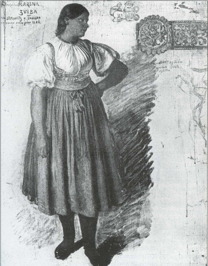 Marina Zvibová z Mistřovic koło Cieszyna, mal. J. Mánes, 1846, własność prywatna

Pasy starsze składały się z ornamentowanych, zwykle prostokątnych płytek połączonych zawiaskami lub krótkimi łańcuszkami.