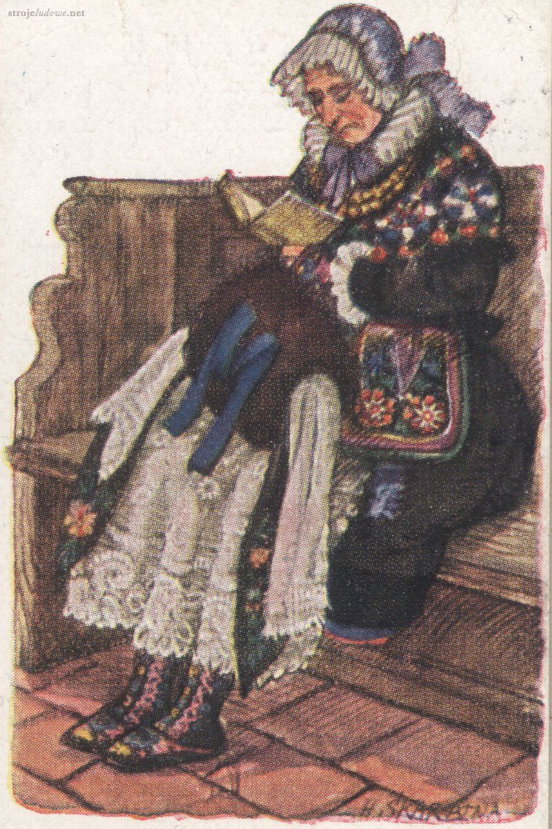 Pomorska gospodyni w stroju do kościoła, <em>Deutche Volkstrachten</em>, Haus Neuerbuch, 1932, własność prywatna

Czepek do kościoła składał się z płytkiej, sztywnej główki, opinającej tylną część głowy. Główkę szyto z aksamitu, brokatu i szerokiej (szerszej nad czołem, węższej przy uszach) tiulowej riuszki, ułożonej w drobne zakładki. Zewnętrzny brzeg riuszki obszywano koronką. Główkę czepka (w części od riuszki) ozdabiano przyszywając pas koronki lub taśmy z nici metalowych, a do jej części tylnej mocowano zawiązaną na kokardę, jedwabną wstążkę, której końce sięgały ramion.

W talii mocowano prostokątną torebkę-kieszeń, najczęściej w taki sposób, że była niewidoczna (na spódnicę, a pod zapaskę), rzadziej na zapaskę. (wtedy była widoczna). Służyła do przechowywania cennych drobiazgów. Szyto ją z aksamitu, brzegi obszywano zieloną, wzorzystą wstęgą, a powierzchnię zdobiono haftem podobnym do tych na zapasce i chustce. W dolnej części torebki haftowano zwykle monogram właścicielki.