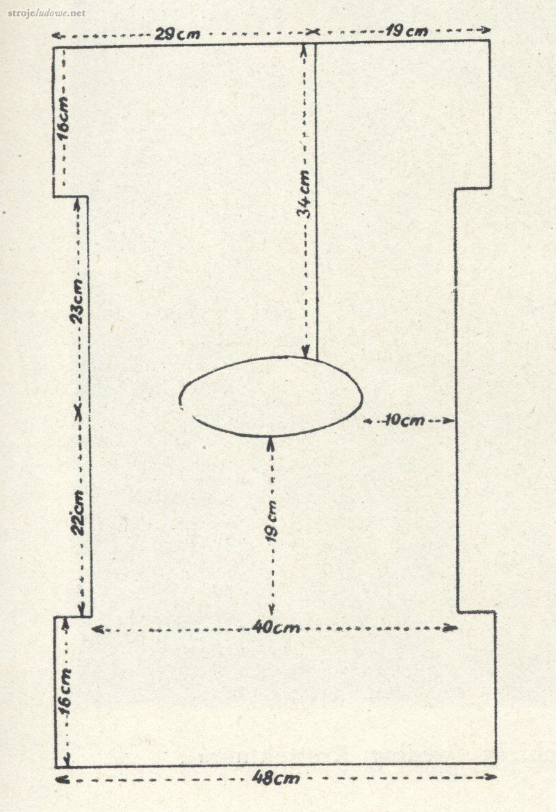 Wykrój koszuli, Holsten R., <em>Kapftuch u. Mütze, Monatsbblätter</em>, Szczecin, 1911,własność prywatna

Kobieta używała jednocześnie dwóch koszul: spodniej i wierzchniej. Oba ich rodzaje szyto z płócien lnianych lub bawełnianych. Koszulę spodnią, noszono bezpośrednio na ciało, nie posiadała rękawów i była na tyle długa, że jej dolna krawędź wystawała poza obręb spódnicy. Miała workowaty kształt, zapinana była pod szyją na guzik. Dopiero na taką koszulę zakładano koszulę wierzchnią.