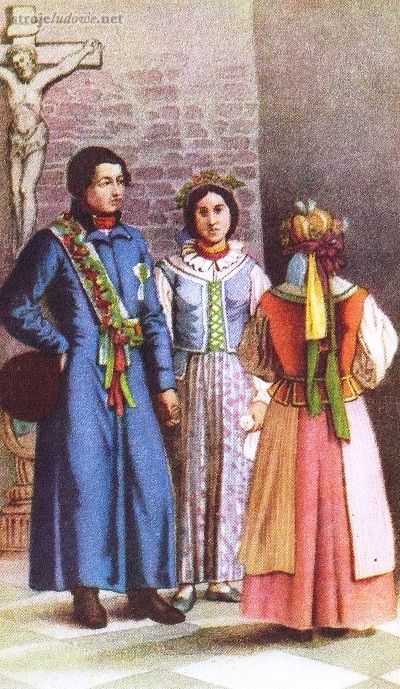 Od Sempolna (Ruszkowo), Drużba, Panna młoda, Druhna, odbite z litografii  Dzwonkowskiego i spółki, Oskar Kolberg, Dzieła Wszystkie, t. 3, część I, Kujawy, Warszawa 1867

Gorsety także opinały mocno kibić, ale były nieco dłuższe i w części dolnej wykończone trapezowatymi klapkami. Brzegi gorsetu, klapki i miejsca ich zszycia lamowano taśmą metalową (srebrną lub złotą) albo wstążką w kontrastowym, w stosunku do gorsetu kolorze. Zarówno staniki, jak i gorsety, sznurowano wąskimi wstążkami.