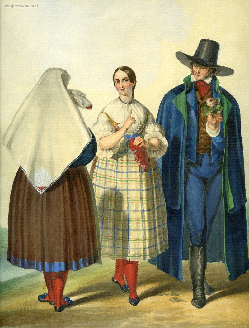 Włościanie z okolic Cieszyna, Henryk Jastrzembski, akwarela, ok.1846 r.

Muzeum Śląska Cieszyńskiego w Cieszynie

<em>Szatkę spuszczową</em> po złożeniu po przekątnej zakładano na czepiec tak, że największy <em>znak</em> znajdował się w części dolnej. Koło uszu układano ją w fałdy, a dwa rogi związywano w węzeł pod opadającym na plecy (poniżej linii pasa!) najbogaciej zdobionym narożem. Ponadto przynajmniej jeden z krótszych rogów chusty (związanych w węzeł) wysuwano tak, by wystawał na zewnątrz w okolicach ucha.