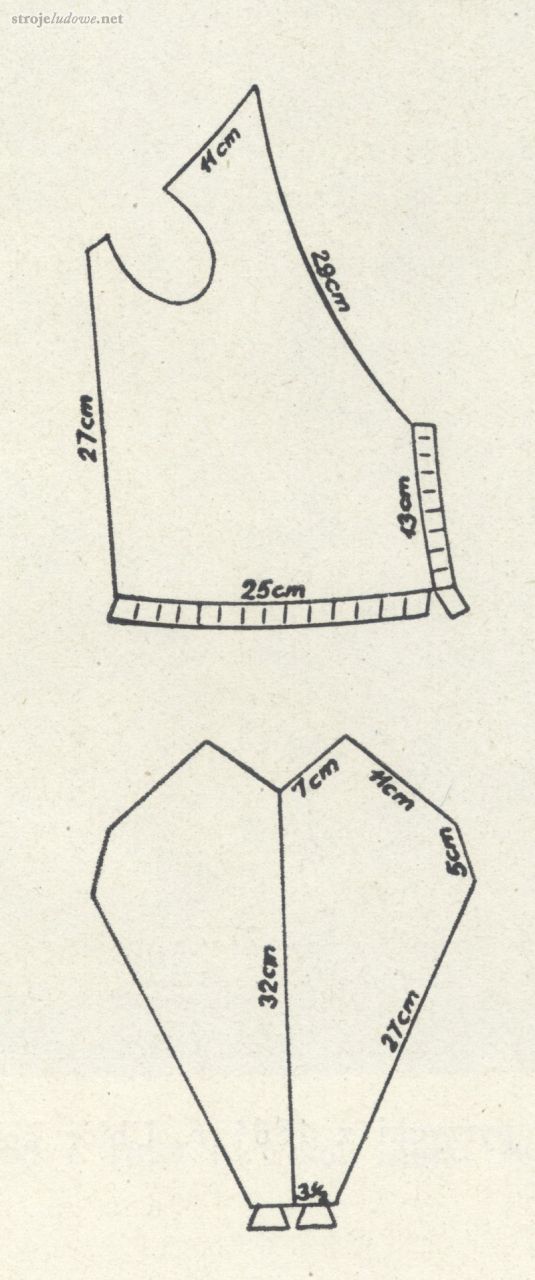 Wykrój gorsetu, Holsten R., <em>Kapftuch u. Mütze, Monatsbblätter</em>, Szczecin, 1911,własność prywatna

Na koszule oblekano dwa gorsety: spodni, a na niego wierzchni, który przeważnie posiadał rękawy. Gorsety spodnie szyto z wzorzystego welwetu, wierzchnie z czarnego lub zielonego sukna w dobrym gatunku, podszytego czerwoną tkaniną. Oba rodzaje miały prawie taki sam krój: ich zasadnicza część była identyczna: dwa przody, krojone z częścią pleców i dwuczęściowe plecy, ze szwem po środku. Gorsety spodnie wykończone były u dołu grubym, twardym wałkiem, który umożliwiał utrzymanie w talii od pięciu do ośmiu ciężkich spódnic. Miały duży, okrągły dekolt, zapinano je na kilka guzików. Wierzchnie, różniło przede wszystkim to, że posiadały długie obcisłe rękawy z mankietem zapinanym na sześć guzików i obdzierganych zieloną nitką dziurek. Ich dekolt był większy (widać było przez niego część gorsetu spodniego), dolną krawędź z przodu wykańczała ułożona w zakładki fałdka, tyłu – niewielkie trapezoidalne klapki. Miały siedem ozdobnych żółtawych guzików, z których tylko dolne trzy zapinano. Do wycięcia przyszyte były dwie zielone wzorzyste wstęgi, wiązane na piersi na kokardę. Mogły być także niebieskie (dobrane do haftu na chustce) lub czarne u osób starszych. Dwie lub trzy zielone wstążki przyszywano (jedna obok drugiej) do rękawa, a ich niezbyt długie końce lekko od niego odstawały.