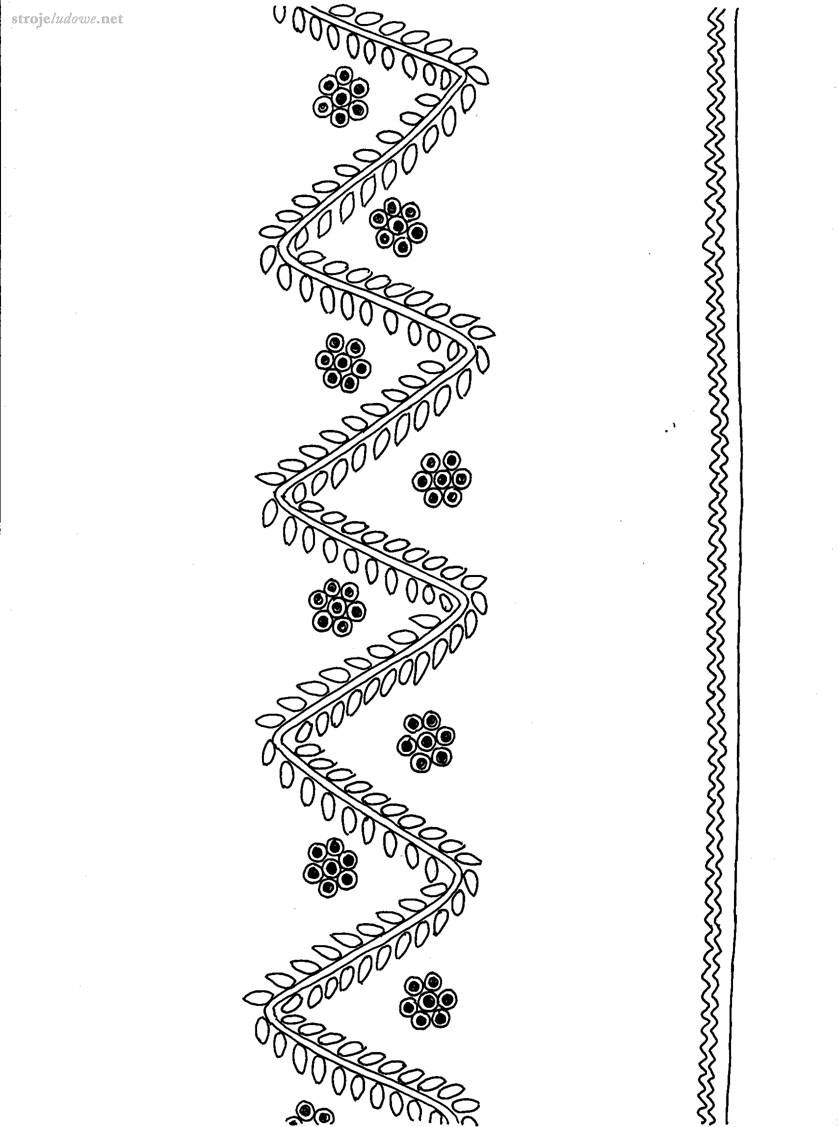 Haft biały, dziurkowany, dół spódnicy, łańcuckie, okres międzywojenny . Ze zbiorów Muzeum Archeologicznego i Etnograficznego w Łodzi, rys. A. Woźniak