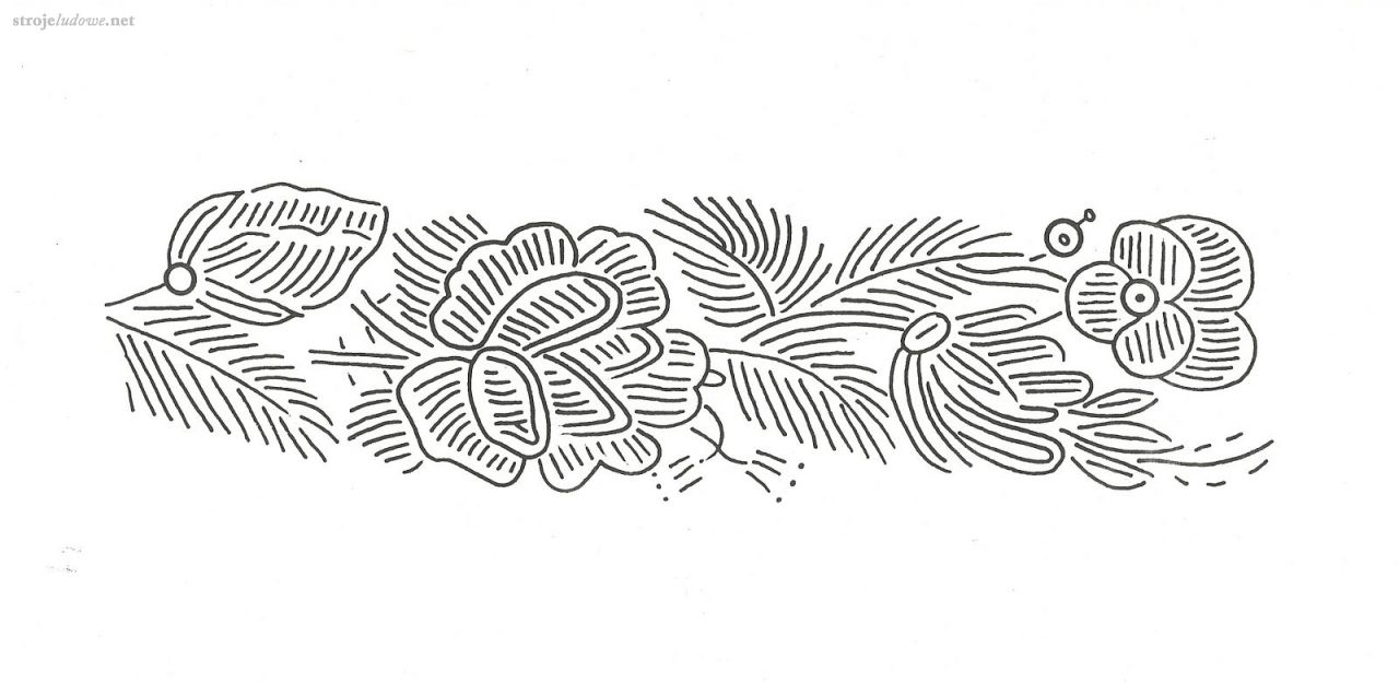 Haft koralikowy z aksamitnego kaftanika kobiecego.

Wykonywany wielokolorowymi koralikami (każdy przyszywany oddzielnie). Koraliki konturują wzór i ułożone pasowo wypełniają wnętrze motywu.

rys. E. Piskorz-Branekova