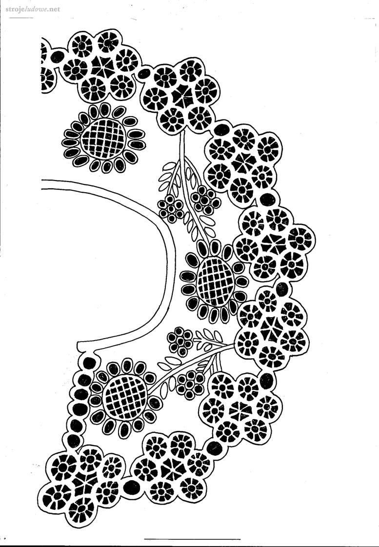 Haft biały, dziurkowany, kołnierz koszuli, łańcuckie, okres międzywojenny . Ze zbiorów Muzeum Archeologicznego i Etnograficznego w Łodzi, rys.. A. Woźniak