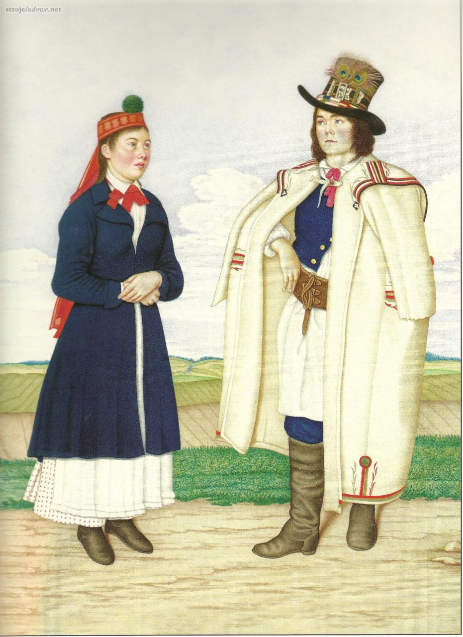 Dziewczyna i młodzieniec z miasteczka Krosno, Ksawery Prek, ok.1831-1836 (tzw. buty węgierskie), Portret Polaków. XIX wiek. Stroje regionalne, Proszówki MMXI.

Mężczyźni (podobnie jak kobiety) nosili skórzane chodaki (kurpiele) oraz tzw. buty węgierskie. W drugiej połowie XIX w. nosili także buty tzw. polskie – szyte z czarnej skóry, z cholewami zszywanymi z tyłu i karbowaniem w okolicach kostki. Miały one obcas średniej wysokości podbity podkówką i były znacznie zgrabniejsze od węgierskich.