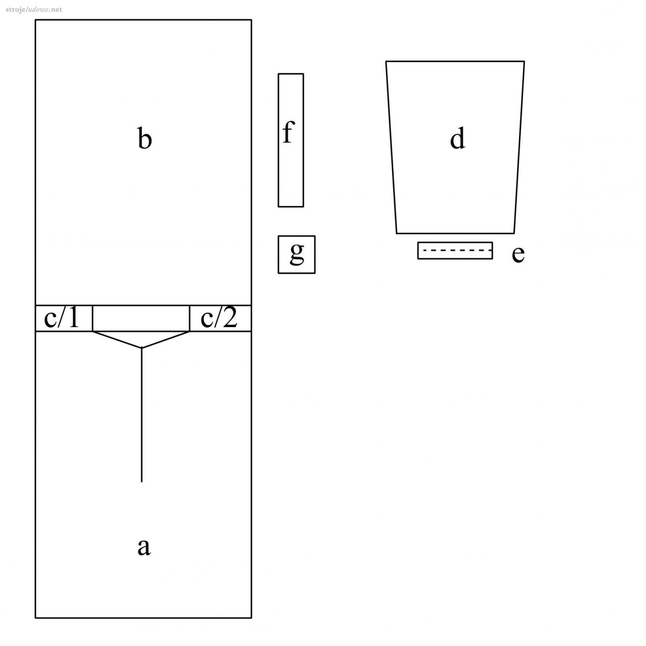 Wykrój koszuli męskiej:
a - przód (skroić dwa razy); b - plecy; c/1 i c/2 przyramki; d - rękaw (skroić dwa razy); e - mankiet (skroić dwa razy); f - kołnierzyk - stójka, g - kliny po wszycia pod pachami (skroić dwa razy).
Adam Wójcik, Strój pogórzański, Kraków 1939, s.19. 