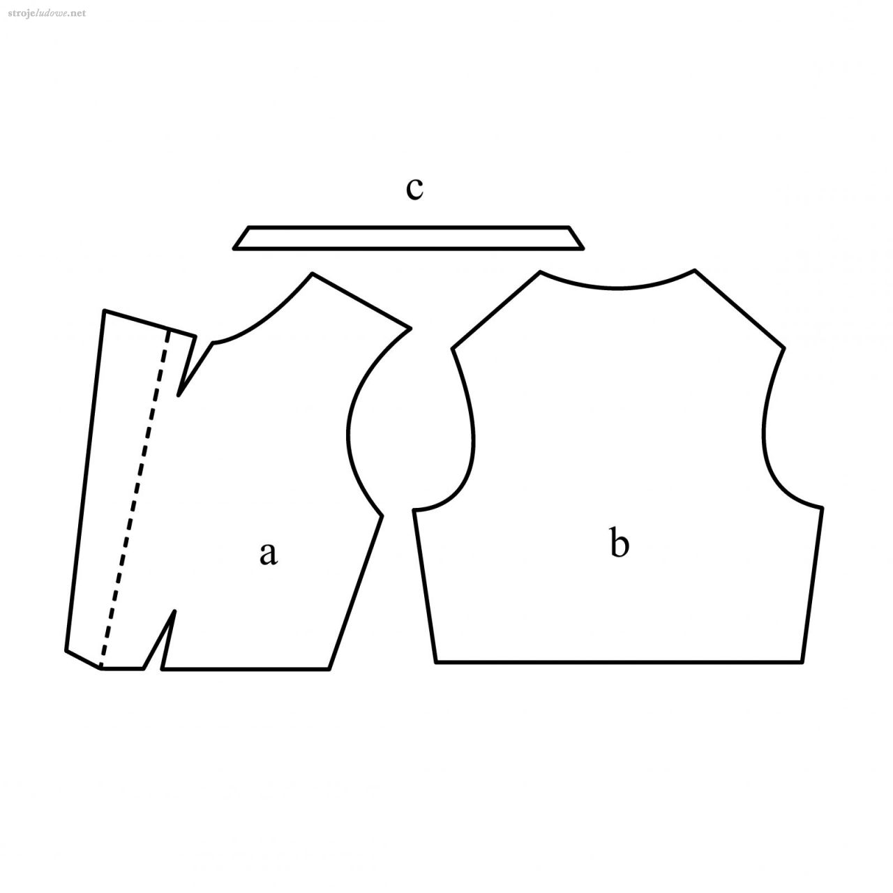 Wykrój kamizelki męskiej:
a - przód (skroić dwa razy); b - plecy; c - stójka. 
Adam Wójcik, Strój pogórzański, Kraków 1939, s. 20. 
