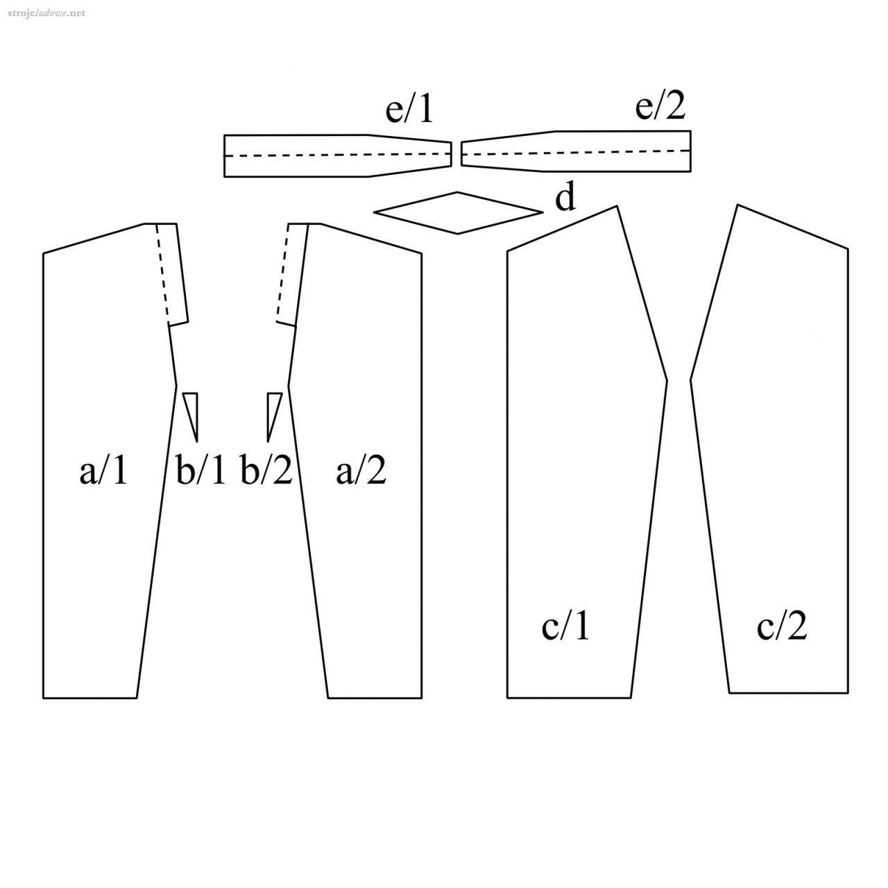 Wykrój spodni:
a/1 i a/2 - tył; b/1 i b/2 - kliny poszerzające; c/1 i c/2 - przód; d - klin poszerzający; e/1 i e/2 - pasek.
Adam Wójcik, Strój pogórzański, Kraków 1939, s.19.  