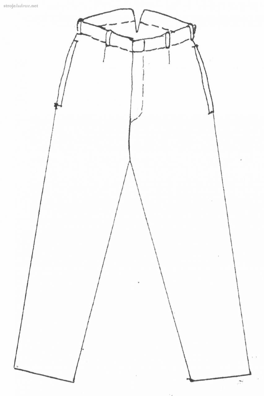 Rysunek spodni, ze zbiorów prywatnych.

Spodnie noszone latem, zarówno odświętne jak i codzienne, szyto z grubego, słabo bielonego płótna lnianego, zaś zimowe z tkanin wełnianych. Każdą ich nogawkę krojono z jednego płata samodziału, a z przodu w pasie poszerzał je trójkątny klin. Miały one na boku niewielki rozporek, a górną krawędź podwiniętą lub wszytą w pasek. Jeśli górna część spodni była podwinięta to w powstały dzięki temu tunel wciągano sznurek, który regulował obwód spodni w pasie i służył do ich podtrzymywania. Nowszą formą były spodnie wzorowane na  modzie miejskiej. Od początku XX w. popularnymi stały bryczesy szyte z  sukna lub tkanin wełnianych w kolorze granatowym, brunatnym, szarym, khaki i czarnym. Ich nogawki były wąskie i dopasowane na łydkach, a nad kolanami rozszerzały się bufiasto. 