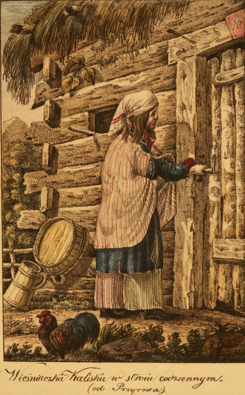 Wieśniaczka kaliska w ubiorze codziennym (od Przyrowa), 1832 r., rys. K.W. Kielisiński, Lwowska Naukowa Biblioteka im. W. Stefanyka Ukraińskiej Akademii Nauk we Lwowie