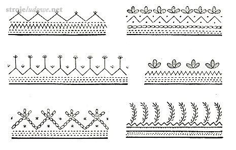 Zdobiny wyszywane białymi nićmi na&nbsp;naramiennikach kobiecych białych kabatków (krótkich wierzchnich bluzek). Dąbrówka, pow. Międzyrzecz, za: A. Glapa, Strój międzyrzecko-babimojski (lubuski), Atlas Polskich Strojów Ludowych, Polskie Towarzystwo Ludoznawcze, Wrocław 1956, s. 62, ryc. 79.

Biały haft ręczny zdobił czasem także mankiety i&nbsp;przyramki koszul. Najczęściej spotykane były tu&nbsp;motywy geometryczne, czasem łączone ze&nbsp;stylizowanymi elementami roślinnymi. Na&nbsp;najstarszych koszulach spotykamy proste motywy (kółka, trójkąty i&nbsp;gwiazdy), które stopniowo z&nbsp;biegiem czasu były  coraz bardziej rozbudowywane. W&nbsp;okresie międzywojennym wykonywano najbardziej ozdobne i&nbsp;skomplikowane w&nbsp;formie hafty. 
