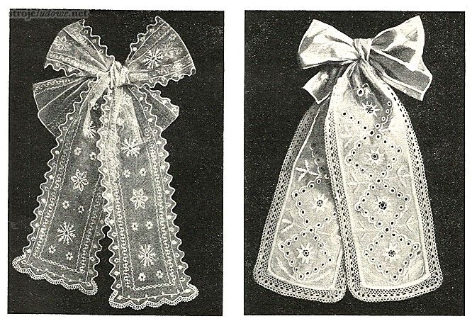 Tiulowe i&nbsp;batystowe wiązadła do&nbsp;czepka XIX/XX w.,  Dąbrówka, pow. Międzyrzecz. Muzeum Regionalne w&nbsp;Międzyrzeczu. Fot. A. Glapa, 1952&nbsp;r., za: A. Glapa, Strój międzyrzecko-babimojski (lubuski), Atlas Polskich Strojów Ludowych, Polskie Towarzystwo Ludoznawcze, Wrocław 1956, s. 51,  ryc. 63 i&nbsp;64.
Na przełomie XIX i XX&nbsp;w. modne były bandy do&nbsp;czepków haftowane ręcznie. Ok. 1910&nbsp;r. zostały one wyparte przez fabryczne wstęgi jedwabne (czasem z&nbsp;mory jedwabnej, częściej atłasowe) broszowane (rodzaj haftu maszynowego) w&nbsp;motywy roślinne – bukiety kwiatowe ułożone jedne nad drugimi.
