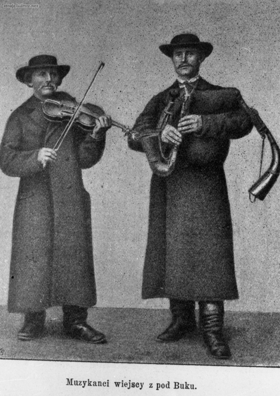 Muzykanci wiejscy spod Buku - skrzypek i&nbsp;dudziarz, rycina, oryginał pochodzi z: F. Tetzner, Die Slawen, 1902, Cyfrowe Archiwum im. Józefa Burszty