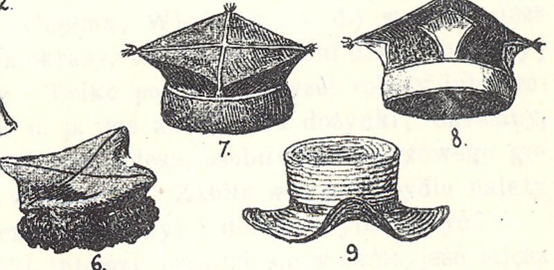 Męskie nakrycia głowy, 6-8 – czapki z brunatnego sukna, 9 – kapelusz słomiany, O. Kolberg, Chełmskie. Kraków, 1890r., s.56

Czapka rogatywka, czyli <em>rogatka</em>, szyta była z ciemnego sukna, jak na sukmany. Wykańczano ją obszyciami ze sznurka, którego kolor mógł być różny w zależności od powiatu. W bialskim, włodawskim, radzyńskim i parczewskim używano sznurków niebieskich. Na końcach-rogach znajdowały się tzw. <em>kistki, </em>czyli pomponiki, w kolorze takim samym jak wykończenie rogatywki.