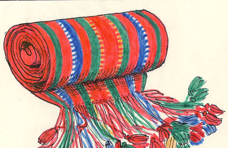 Pas (<em>pojas</em>), okres międzywojenny. Archiwum Etnograficzne Muzeum Archeologicznego i&nbsp;Etnograficzego w&nbsp;Łodzi, rys. H. Czurko

Mężczyźni opasywali sukmany pasami zwanymi <em>pojasami,</em> czyli utkanymi krajkami. Mogły być one utkane nićmi lnianymi lub wełnianymi w&nbsp;kolorach pomarańczowo-czerwonych. Opasywano się nimi dwukrotnie i&nbsp;wiązano na&nbsp;przodzie w&nbsp;kokardę lub przewiązywano na&nbsp;lewym boku.