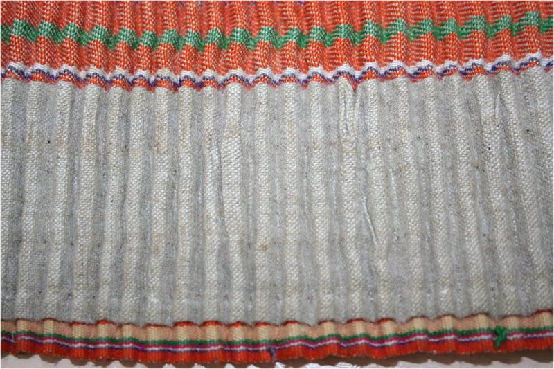 <em>Burka</em> – plisowanie<strong>,</strong> lewa strona na&nbsp;podkładzie lnianym, Podlaskie, odmiana włodawska, okres międzywojenny. Ze&nbsp;zbiorów Muzeum Archeologicznego i&nbsp;Etnograficznego w&nbsp;Łodzi, fot. A. Woźniak