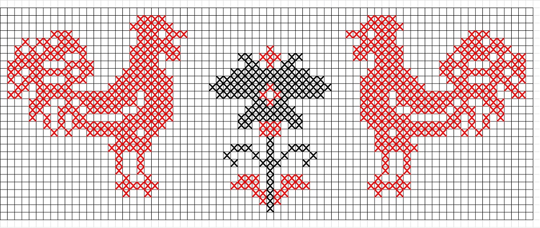 Krzyżykowy haft czarno –czerwony na&nbsp;ręczniku, opoczyńskie, okres międzywojenny. Ze&nbsp;zbiorów Muzeum archeologicznego i&nbsp;Etnograficznego w&nbsp;Łodzi rys. A.Woźniak