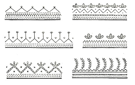 Zdobiny wyszywane białymi nićmi na&nbsp;naramiennikach kobiecych białych kabatków (krótkich wierzchnich bluzek). Dąbrówka, pow. Międzyrzecz, za: A. Glapa, Strój międzyrzecko-babimojski (lubuski), Atlas Polskich Strojów Ludowych, Polskie Towarzystwo Ludoznawcze, Wrocław 1956, s. 62, ryc. 79.

Biały haft ręczny zdobił czasem także mankiety i&nbsp;przyramki koszul. Najczęściej spotykane były tu&nbsp;motywy geometryczne, czasem łączone ze&nbsp;stylizowanymi elementami roślinnymi. Na&nbsp;najstarszych koszulach spotykamy proste motywy (kółka, trójkąty i&nbsp;gwiazdy), które stopniowo z&nbsp;biegiem czasu były  coraz bardziej rozbudowywane. W&nbsp;okresie międzywojennym wykonywano najbardziej ozdobne i&nbsp;skomplikowane w&nbsp;formie hafty. 
